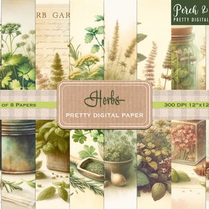 Herbs Pretty Digital Scrapbook Paper, Watercolor Style, Printable, JPG, 12x12, Junk Journal, Cards, Collage, Scrapbooking, Stationery