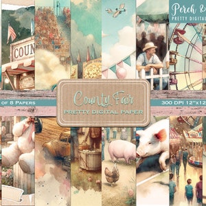 County Fair Pretty digitaal plakboekpapier, aquarelstijl, ongewenste tijdschriften, kaarten, collage, briefpapier, direct downloaden. 12 x 12 inch