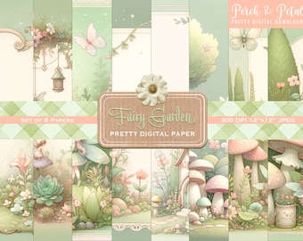 Fairy Garden Pretty Digital Scrapbook Paper, Printable paper, Junk Journals, Cards, Collage, Stationery, Instant Download, 12x12