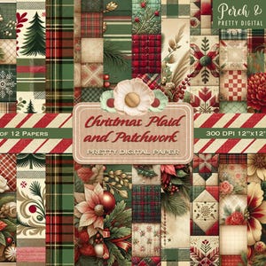 Christmas Plaid and Patchwork Pretty Digital Scrapbook Paper, Instant Download, 12x12, JPG