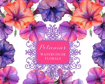 Petunias Watercolor Florals Clipart, PNGs, 300DPI Use in your Invites, Card Making, Stationery, Collages, etc.
