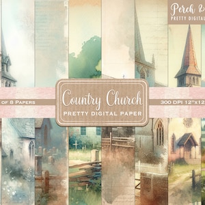 Country Church Pretty Digital Scrapbook Paper, Stile acquerello, Carta per diario spazzatura, Biglietti, Collage, Cancelleria, 12x12, Download immediato