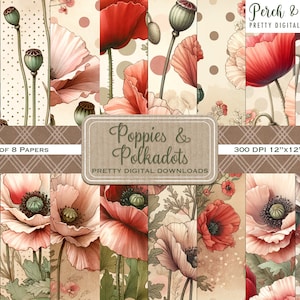 Mohnblumen und Polkadots ziemlich digitales Scrapbook Papier, Vintage-Stil, Instant Download, 12 x 12