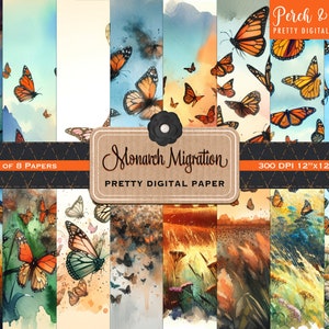 May include: Set of 8 digital papers featuring watercolour illustrations of monarch butterflies in flight against a backdrop of blue skies, green fields, and orange sunsets. The papers are 30.5 cm by 30.5 cm and 300 DPI.