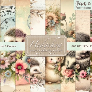 Papel de álbum de recortes digital bonito de estilo vintage de erizo, imprimible, JPG, 12 x 12, diario basura, creación de tarjetas, collage, álbum de recortes