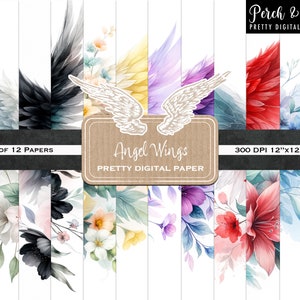 Angel Wings soft and delicate watercolor wings with flowers Pretty Digital Scrapbook Paper, Journals, Cards, Collage, Instant Download 12x12