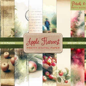 Apple Harvest Watercolor Pretty Digital Scrapbook Paper, Journals, Cards, Collage. Instant Download 12x12
