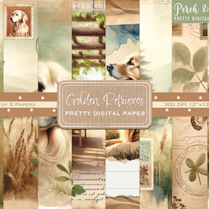 Papel digital para álbum de recortes Golden Retriever, JPG, 12 x 12, Junk Journal, tarjetas, collage, álbumes de recortes, papelería