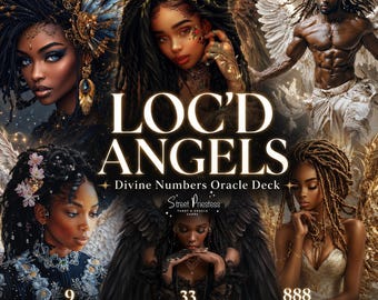 May include: An oracle deck titled Loc'd Angels Divine Numbers featuring illustrations of figures with locs and wings. The text includes Street Priestess, 9 Completion, wisdom, and humanitarianism, 33 Guidance, support, and spiritual growth, and 888 Abundance, prosperity, and aligned rewards.
