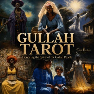 Może przedstawiać: Pudełko na karty tarota Gullah z tytułem GULLAH TAROT i podtytułem Honoring the Spirit of the Gullah People. Okładka przedstawia kolaż postaci w różnych sceneriach, w tym osobę w fiolecie, osobę w błękicie i osobę w bieli, z okrągłym wzorem koła i niebieską latarnią.
