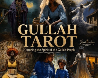 Op de afbeelding: Een Gullah Tarot-kaartendoos met de titel GULLAH TAROT en de ondertitel Honoring the Spirit of the Gullah People. De hoes toont een collage van figuren in verschillende omgevingen, waaronder een persoon in het paars, een in het blauw en een in het wit, met een cirkelvormig wielontwerp en een blauwe lantaarn.