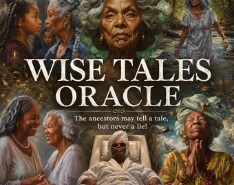 Op de afbeelding: Een digitale kunstcollage met meerdere portretten van zwarte vrouwen met grijs haar, gecentreerd rond de tekst 'WISE TALES ORACLE' en 'The ancestors may tell a tale, but never a lie!'. Een persoon in een witte badjas draagt een zonnebril.
