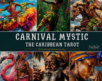 Karneval Mystic Tarot Deck mit Digital Guide | 78 Tarotkarten | Afroamerikaner Schwarz Karibik Wahrsagekarten | Straßenpriesterin