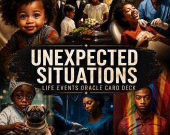 May include: A collage of diverse scenes featuring people in various life stages and settings, titled Unexpected Situations Life Events Oracle Card Deck. The imagery includes a child, a wedding, a dental visit, a pug, surgery, and a person in a striped shirt.