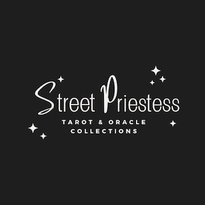 May include: White text on a black background reads "Street Priestess Tarot & Oracle Collections" with a stylized font and stars surrounding the text.