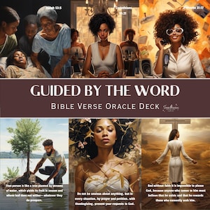 May include: A set of oracle cards with colorful illustrations of people and nature. The cards feature bible verses and are titled "Guided by the Word Bible Verse Oracle Deck".