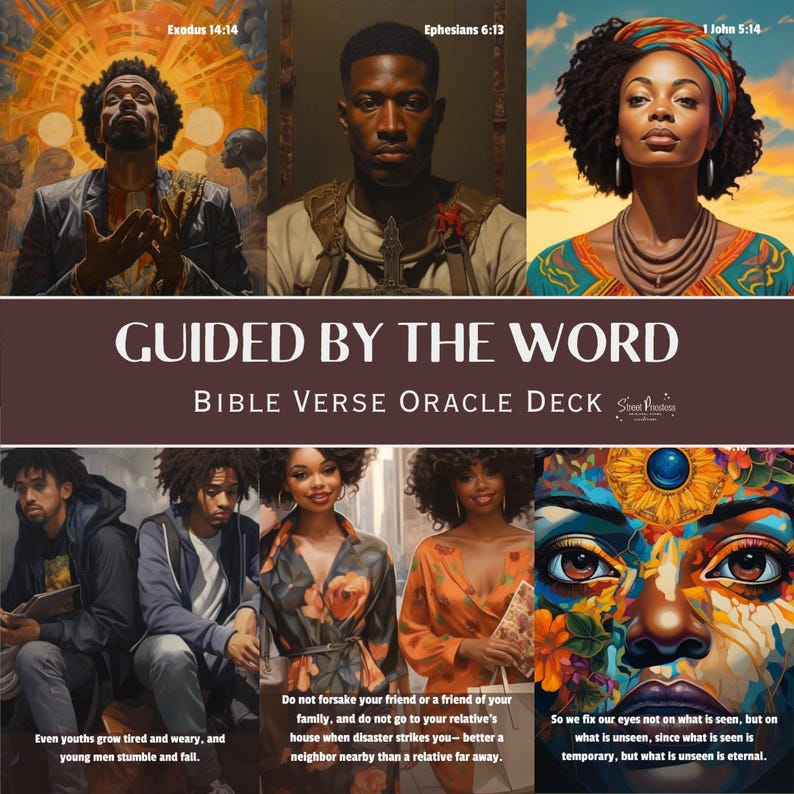 May include: A set of oracle cards with colorful illustrations of people and text from the Bible. The cards are titled "Guided by the Word Bible Verse Oracle Deck".