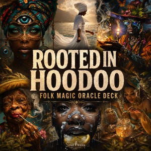 May include: A collage of mystical imagery featuring a person with a third eye, a figure in white by the sea, and a person holding a candle. The text reads ROOTED IN HOODOO FOLK MAGIC ORACLE DECK and Street Priestess Supply Company at the bottom.