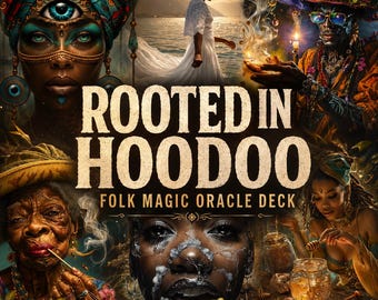 Op de afbeelding: Een collage van mystieke beelden met een persoon met een derde oog, een figuur in het wit bij de zee en een persoon die een kaars vasthoudt. De tekst luidt ROOTED IN HOODOO FOLK MAGIC ORACLE DECK en Street Priestess Supply Company onderaan.