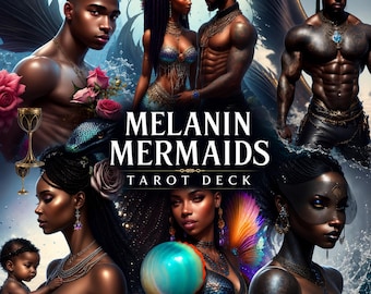 Puede incluir: Una portada de baraja de tarot Melanin Mermaids con varias figuras de piel oscura, incluyendo sirenas y un bebé, rodeados de rosas, una serpiente y un orbe brillante. El texto dice Melanin Mermaids Tarot Deck y Street Priestess.