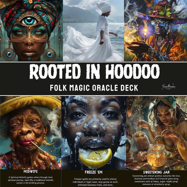 May include: A colourful oracle deck with illustrations of figures from Hoodoo folk magic. The cards feature a midwife, a woman with a lemon over her mouth, and a woman pouring honey into a jar.