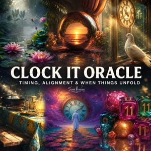 May include: A deck of Clock It Oracle cards featuring a collage of a sunset sphere, a white dove, a clock, a lotus pond, a table setting, and dice marked with the number 11. The text reads CLOCK IT ORACLE TIMING, ALIGNMENT & WHEN THINGS UNFOLD.