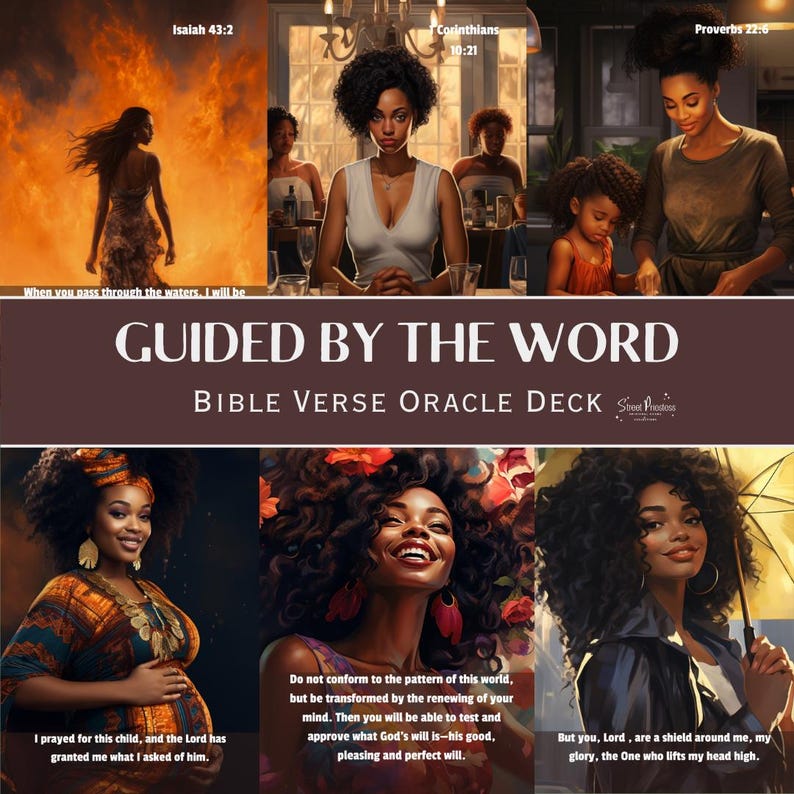 May include: A set of oracle cards with colorful illustrations of women and bible verses. The cards are titled "Guided by the Word: Bible Verse Oracle Deck".