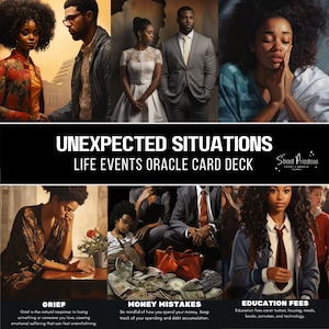 May include: A set of oracle cards with illustrations of people in various situations. The cards are titled "Unexpected Situations: Life Events Oracle Card Deck". The cards feature titles such as "Grief", "Money Mistakes", and "Education Fees".