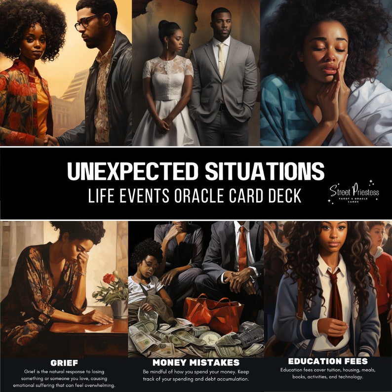 May include: A set of oracle cards with illustrations of people in various situations. The cards are titled "Unexpected Situations: Life Events Oracle Card Deck". The cards feature titles such as "Grief", "Money Mistakes", and "Education Fees".