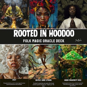 May include: A set of three oracle cards with illustrations of people and objects. The cards are titled "Salt", "Devil's Shoe String", and "Green Prosperity Rice". The cards are part of a deck called "Rooted in Hoodoo Folk Magic Oracle Deck".