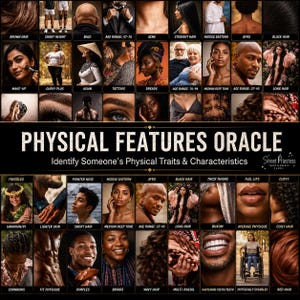 Puede incluir: Una baraja de cartas Physical Features Oracle con una cuadrícula de diversos rasgos y características físicas humanas. El diseño en negro y dorado muestra etiquetas como cabello castaño, calvo, tatuajes, pecas y curvas, con ejemplos fotográficos.