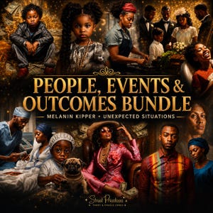 May include: A digital collage titled People, Events & Outcomes Bundle featuring various individuals in diverse settings, including a child with a pug, a person in a pink suit, and medical staff, with gold text accents and scattered currency imagery.