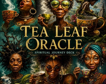 May include: A Tea Leaf Oracle Spiritual Journey Deck card set featuring five diverse individuals holding steaming teacups. The central text reads TEA LEAF ORACLE SPIRITUAL JOURNEY DECK and Street Priestess TAROT & ORACLE CARDS in gold lettering.