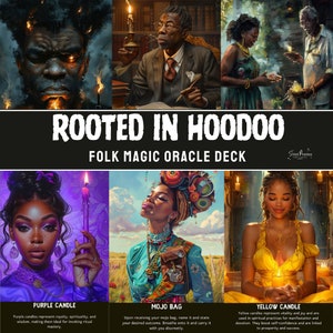 May include: A set of oracle cards with illustrations of people and candles. The cards are titled "Rooted in Hoodoo Folk Magic Oracle Deck". The cards feature a purple candle, a mojo bag, and a yellow candle.
