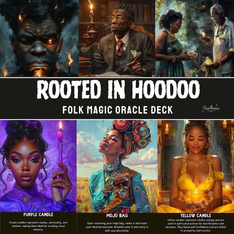 May include: A set of oracle cards with illustrations of people and candles. The cards are titled "Rooted in Hoodoo Folk Magic Oracle Deck". The cards feature a purple candle, a mojo bag, and a yellow candle.