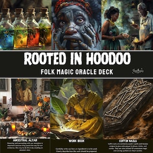 May include: A set of 10 oracle cards with colourful illustrations depicting various aspects of Hoodoo folk magic. The cards feature images of an ancestral altar, a work book, coffin nails, and other symbolic elements. The cards are titled "Rooted in Hoodoo: Folk Magic Oracle Deck".