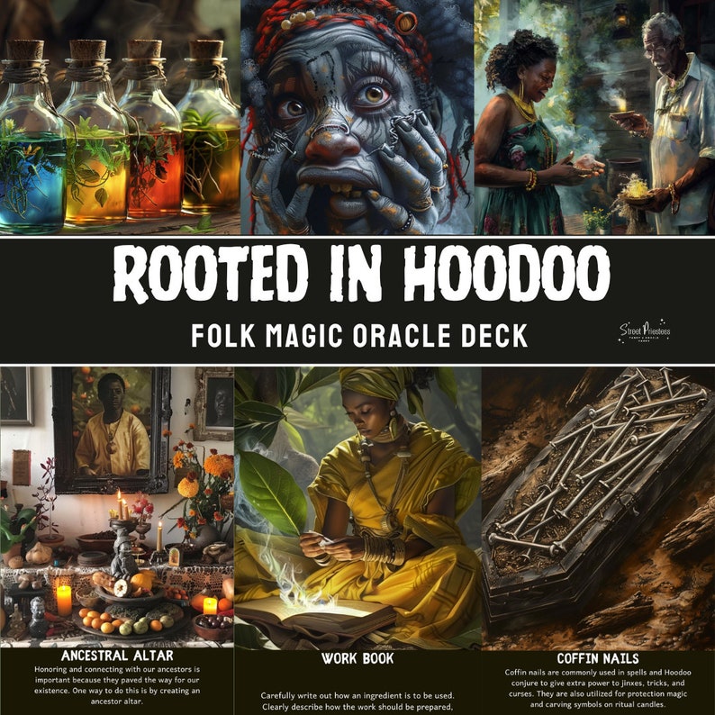 May include: A set of 10 oracle cards with colourful illustrations depicting various aspects of Hoodoo folk magic. The cards feature images of an ancestral altar, a work book, coffin nails, and other symbolic elements. The cards are titled "Rooted in Hoodoo: Folk Magic Oracle Deck".