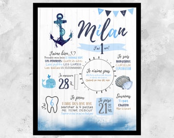 Personalized first birthday poster, sailor, aquatic, blackboard, whale, chalkboard, baby party 1 year, poster 1 year, DIGITAL FILE