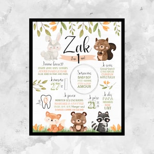 Personalised first birthday poster,woodland,animals,forest,baby party 1 year, table 1 year, poster 1 year,fox,lapin,FICHIER DIGITAL