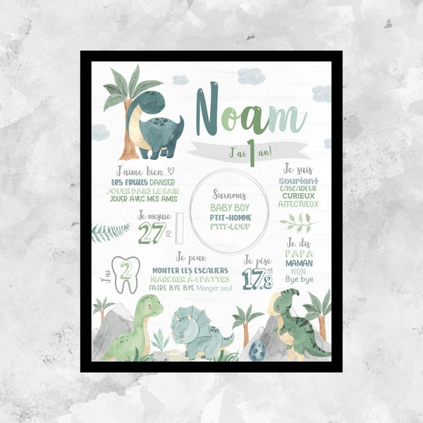 Personalized first birthday poster, dinosaur, foliage, 1 year old baby party, leaf, birthday board, 1 year old poster, DIGITAL FILE
