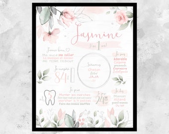 Personalised birthday poster,flower, 1-year-old baby party,leaf,foliage,rose,poster 1 year old,DIGITAL FICHIER