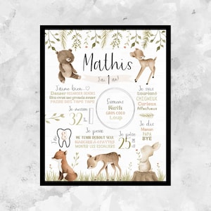 Personalised first birthday poster,woodland,animals,forest,baby party 1 year, table 1 year, poster 1 year,fox,lapin,FICHIER DIGITAL