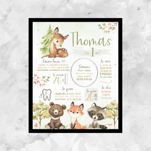 Personalized first birthday poster,woodland,animals,forest,baby party 1 year,table 1 year,poster 1 year,fox,rabbit,DIGITAL FILE