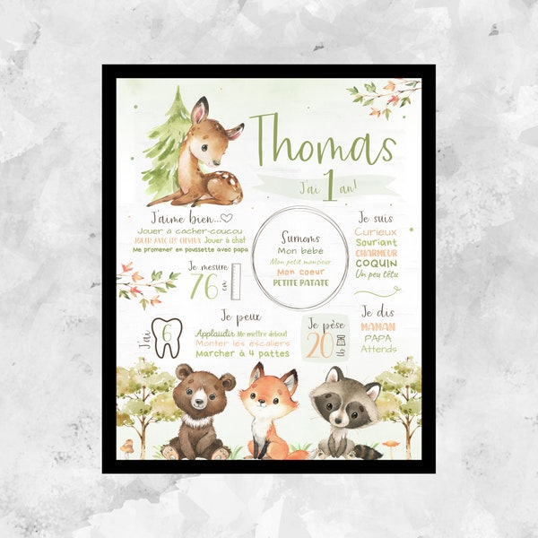 Personalized first birthday poster,woodland,animals,forest,baby party 1 year,table 1 year,poster 1 year,fox,rabbit,DIGITAL FILE