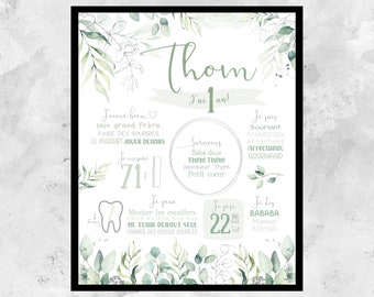 Personalised first birthday poster,1 year old baby party,eucalyptus,gold,leaf,foliage,table,poster 1 year,DIGITAL FICHIER