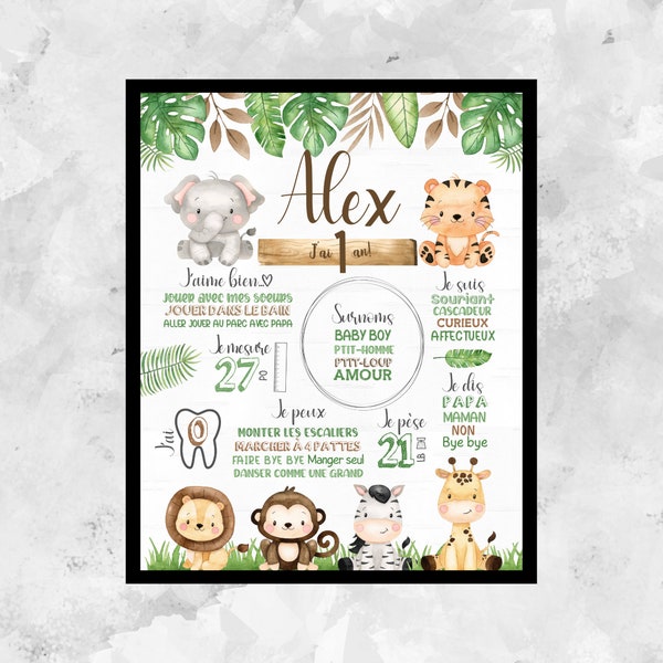 Personalized first birthday poster,safari,jungle,jungle animals,leaf,foliage,1 year poster,DIGITAL FILE