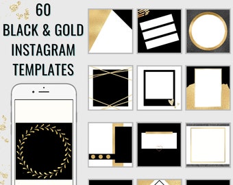 60 Blank Instagram Templates for Posts - Black and Gold Theme, Instagram Posts, Instagram Branding Bundle, Social Media Templates, Canva