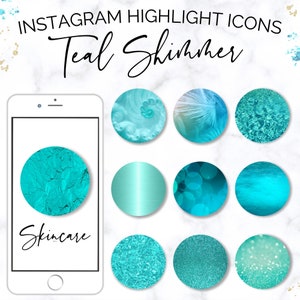 以下が含まれることがあります： 様々なテクスチャとパターンを持つ、ターコイズブルーとブルーの9つのInstagramハイライトアイコン。アイコンには、渦巻き模様、羽根、水、メタリック仕上げ、ボケ効果、ひび割れた表面、グリッターテクスチャ、無地のターコイズブルーが含まれています。画像の中央にある電話の画面には、「Skincare」というテキストが表示されています。