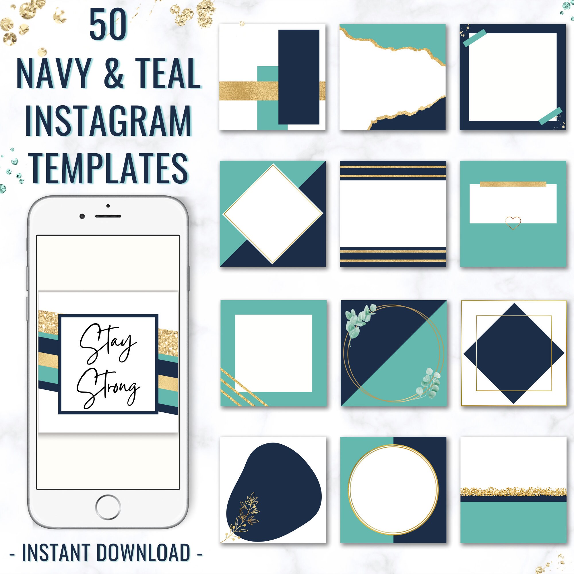 50 Blank Instagram Templates for Posts - Blue, Gold &amp; Teal Theme ...