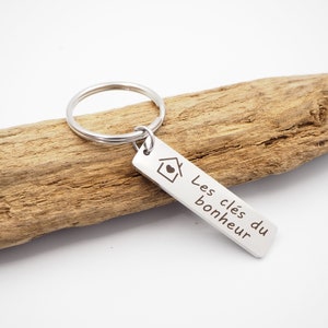 Personalized and engraved stainless steel keychain with message to celebrate home purchase, housewarming hanging - Personalized Gift